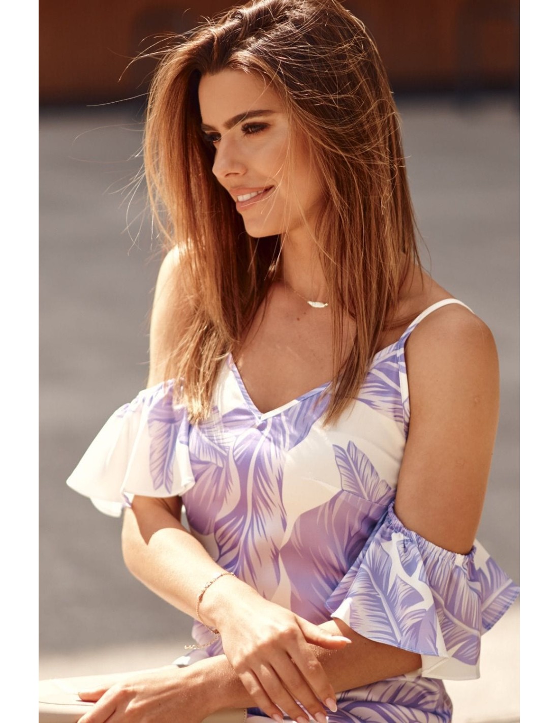 Slip dress with sleeves with purple leaves, cream PR3215 - Online store - Boutique